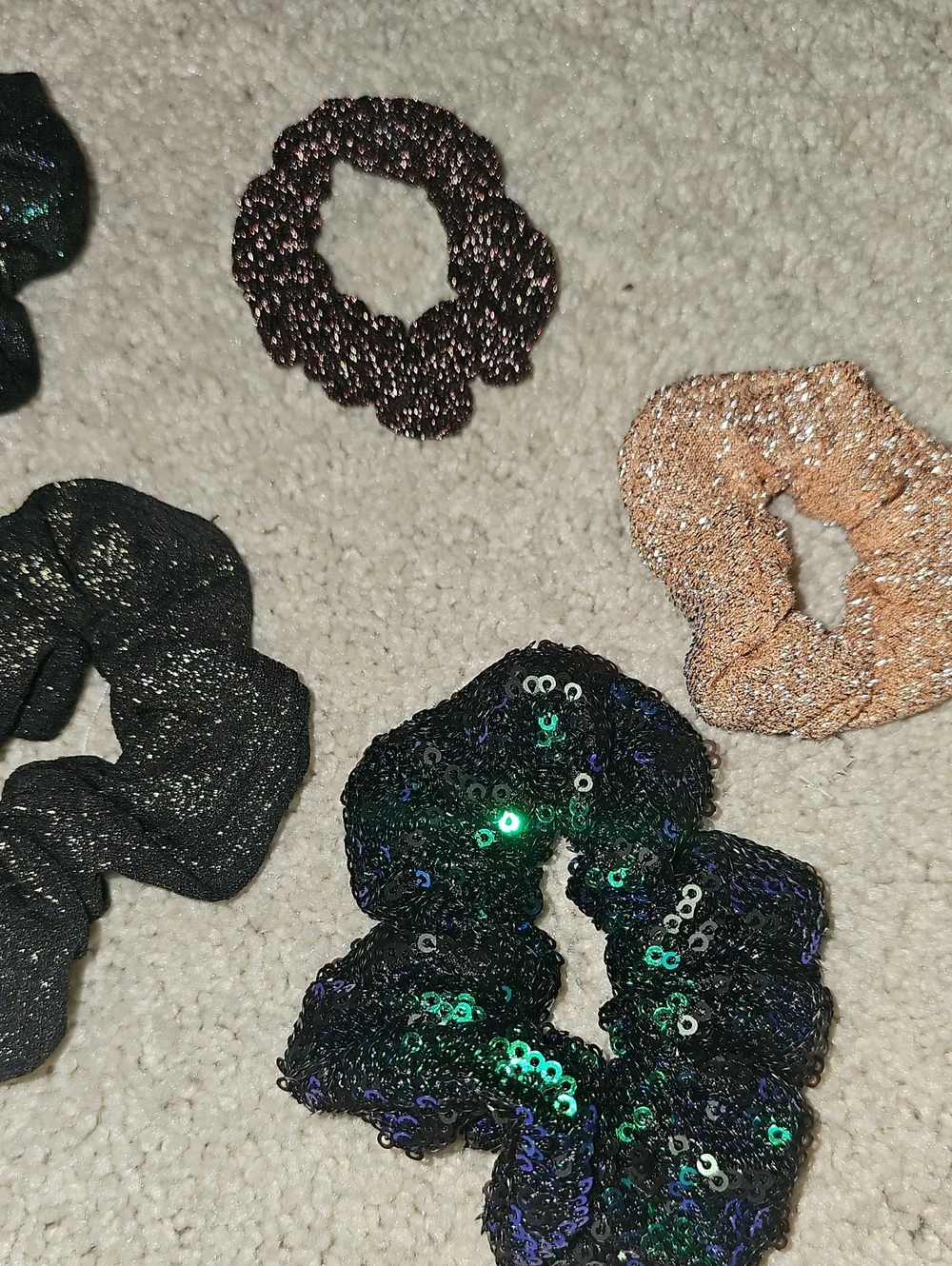 Set of 6 Sparkle Scrunchies - Black, Rose Gold, Purple, Green Sequin